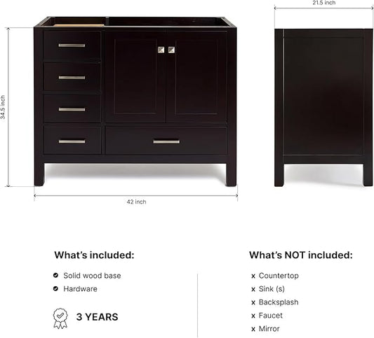 ARIEL Cambridge 42-inch Bathroom Vanity Base Cabinet,Solid Wood, 2 Soft Closing Doors, 5 Dovetail Drawers, Espresso