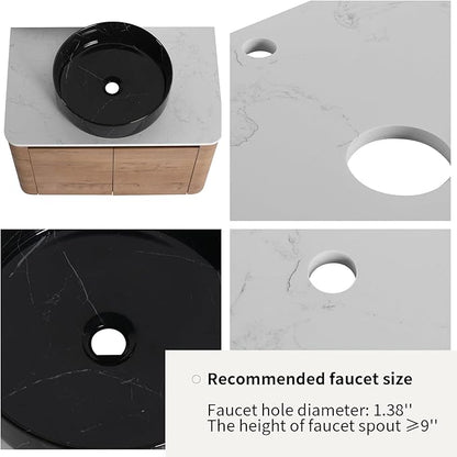 LKTART 30 Inch Floating Bathroom Vanity with Sink, Modern Wall Mounted Bathroom with Soft Close Door, Black Stone Round Ceramic Basin and Sintered Stone Top