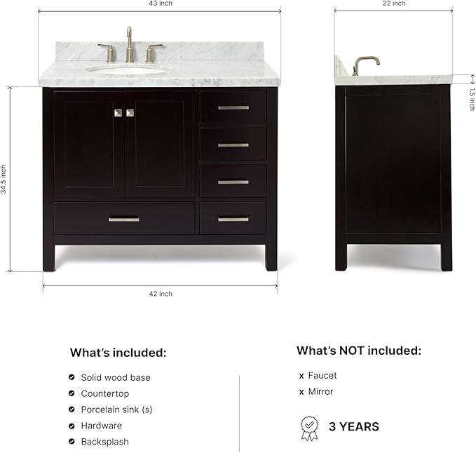 ARIEL Cambridge 42-inch Bathroom Vanity with Sink,Solid Wood, 1.5-inch Italian Carrara Marble Countertop & Backsplash, Single Oval Porcelain Sink, 2 Soft Closing Doors, 5 Dovetail Drawers, Espresso