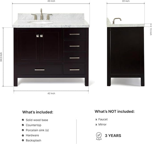 ARIEL Cambridge 42-inch Bathroom Vanity with Sink,Solid Wood, 1.5-inch Italian Carrara Marble Countertop & Backsplash, Single Oval Porcelain Sink, 2 Soft Closing Doors, 5 Dovetail Drawers, Espresso