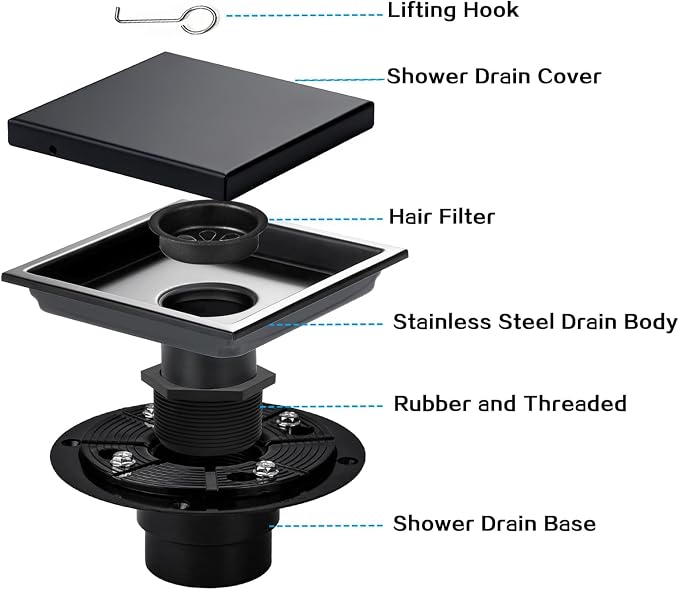 Square Shower Drain Black 6 inch with 2 in 1 Tile-Insert Cover | AISI 304 Stainless Steel Brushed Shower Floor Drain with Removable Hair Catcher and Flange Fits Bathroom Balcony Kitchen