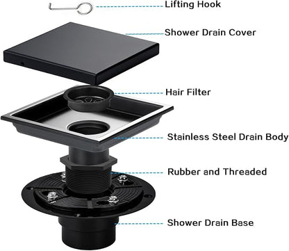 Square Shower Drain Black 6 inch with 2 in 1 Tile-Insert Cover | AISI 304 Stainless Steel Brushed Shower Floor Drain with Removable Hair Catcher and Flange Fits Bathroom Balcony Kitchen