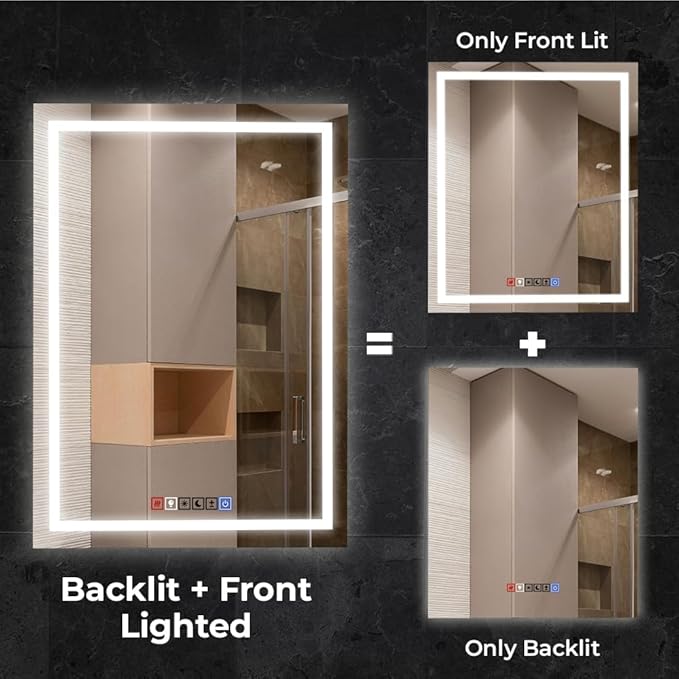 48x30 Inch Rectangular LED Bathroom Mirror with Lights Front and Backlit, 3 Color Modes, Touch Dimmer, Anti-Fog - Wall Mounted Vanity Mirror for Bathroom, Bedroom - Fab Glass and Mirror