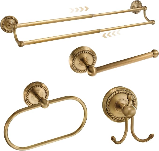 4 Pcs Antique Brass Gold Bathroom Accessories Set Wall-Mounted Towel Rack & Towel Ring & Toilet Paper Holder & Robe Hook, Wall Mounted Brass Vintage Bath Hardware Fixture Set(Double)