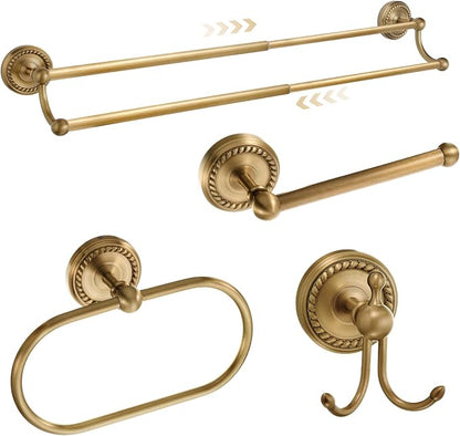 4 Pcs Antique Brass Gold Bathroom Accessories Set Wall-Mounted Towel Rack & Towel Ring & Toilet Paper Holder & Robe Hook, Wall Mounted Brass Vintage Bath Hardware Fixture Set(Double)