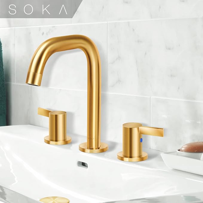 SOKA 8-16 Inch Widespread Bathroom Faucet 2 Handles Gold Commercial Sink Touch Faucets 3 Pieces Vanity Restroom Lavatory 360 Degree Rotating Faucet with Pop Up Drain Assembly,Gold - L