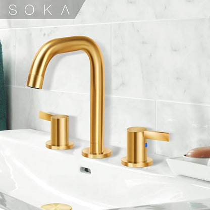 SOKA 8-16 Inch Widespread Bathroom Faucet 2 Handles Gold Commercial Sink Touch Faucets 3 Pieces Vanity Restroom Lavatory 360 Degree Rotating Faucet with Pop Up Drain Assembly,Gold - L