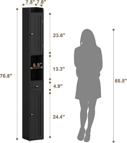 ChooChoo Narrow Bathroom Storage Cabinet with Adjustable Shelves, Tall Storage Cabinet with 2 Doors and 1 Drawer, Freestanding Cupboard for Small Spaces, Black