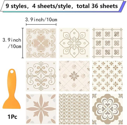 36Pcs 9 Styles Floral Tile Sticker 4 x 4 Inch Bohemian Peel and Stick Tile Square Flower Pattern Beige Waterproof PVC Decals for Kitchen Bathroom Backsplash Furniture Floor DIY Home Decor