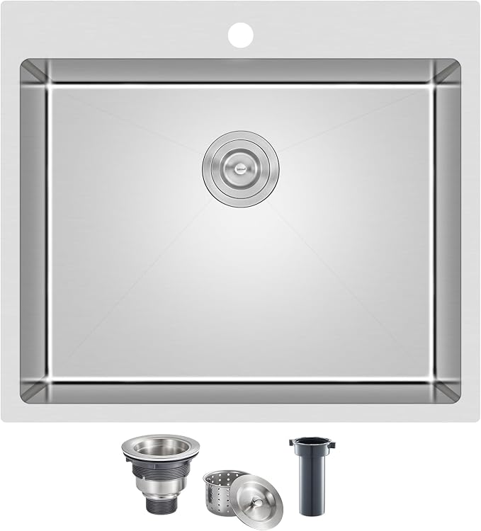 25 x 22 Inch Drop In Kitchen Sink 18 Gauge 304 Stainless Steel | 25"x22" Drop-in Sink | 18 Ga 304 SS | 1-hole | Topmount | Single Bowl | 9" Deep Basin| Large kitchen/prep