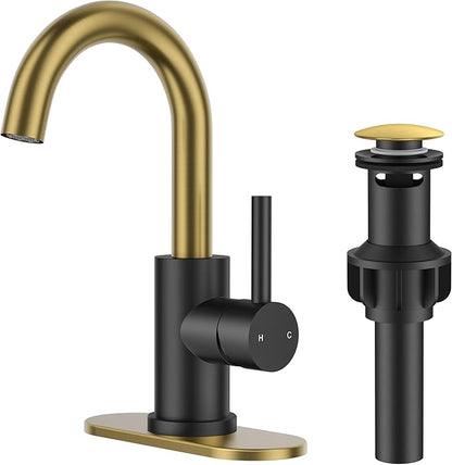 FORIOUS Bathroom Faucet 1 Hole Single Handle Sink Faucet Black and Gold | with 6-inch Deck Plate for 1 or 3 hole(4-inch centerset)Sink Setup, Supply Lines and Drain, Swivel for Bar Kitchen RV Vanity
