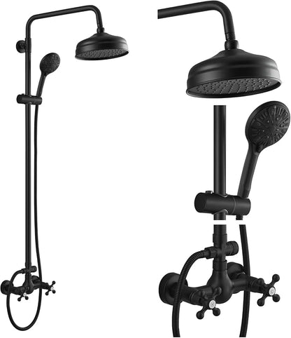 gotonovo Exposed Shower System Wall Mount,Matte Black,ABS Handheld | 8” Rain Shower Head Faucet Set Fixtures,2 Function,Two Cross Handle,Height Adjustable,for 5-6.7" Hole,Indoor Victorian Retro