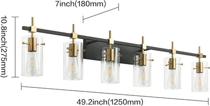 SOLFART 49.2 inch Vanity Light fixtures Vintage 6 Lights Wall Light Fixtures Above Mirror for Bathroom Brass and Black with Clear Glass Shade (Exclude Bulb)