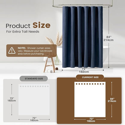 BTTN 72x84 Tall 3 in 1 Linen Texture Shower Curtain with Liner, Navy Blue | Long Size, 230GSM Heavy Duty Polyester, Waterproof Clear Liner, Weighted Hem, 12 Plastic Hooks, Hotel Style, Machine Washable