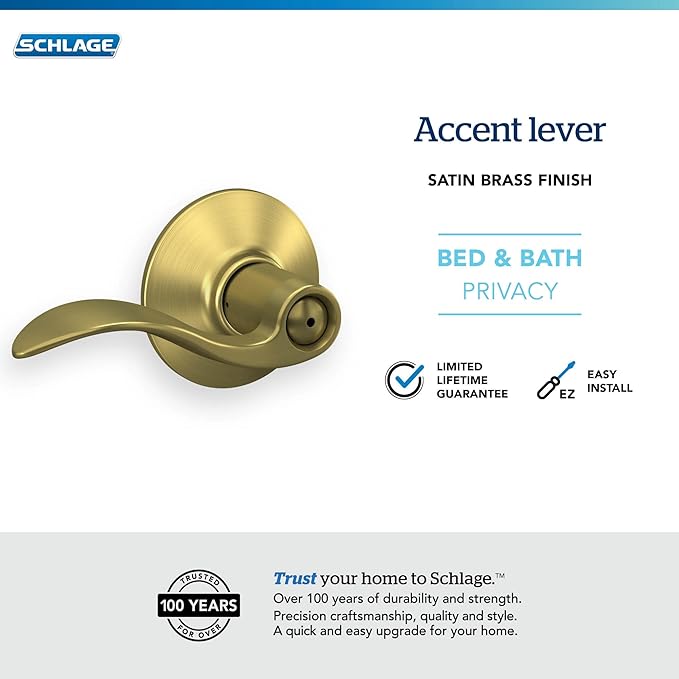 Schlage F40 ACC 608 Accent Door Lever, Bed & Bath Privacy Lock, Satin Brass