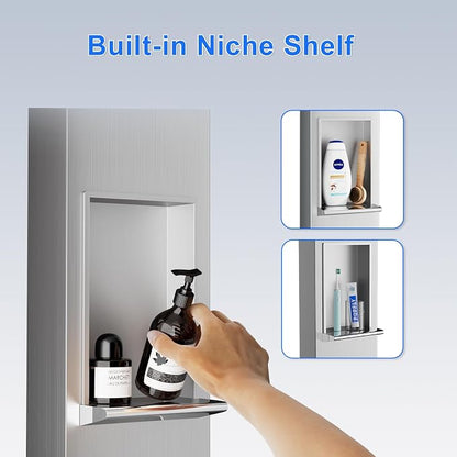 POPFLY Shower Panel Tower System with 8-inch Rainfall Shower and Shelf | Adjustable Shower Arm Height Rainfall Head, 6 Body Jets and 5-Setting Handheld Shower, Brushed Nickel, Stainless Steel