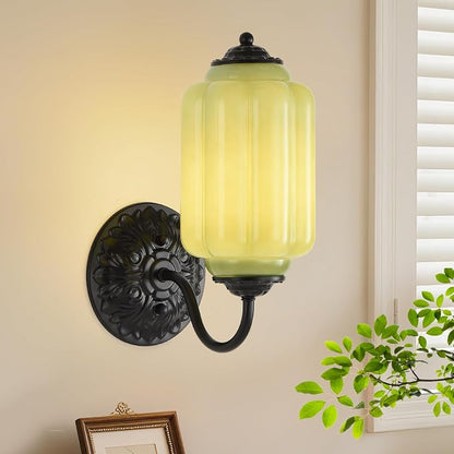 Green Glass Sconce Set of 2 Vintage Vanity Sconces Bulb Included | Green Glass Art Deco Antique Wall Sconce Wall Light for Bedroom Bathroom Living Room Entryway Antique Black and White 2 Pack