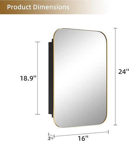 Casaphoria 24" H x 16" W W Bathroom Medicine Cabinet with Mirror, Metal Frame Wall Medicine Cabinets Mirrors, Wall Mirror Cabinet, Gold