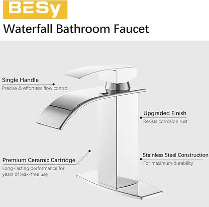 BESy Polished Chrome Waterfall Spout Bathroom Faucet, Single Handle Bathroom Sink Faucet with Pop-up Drain, Rv Vanity Faucet with Deck Plate & cUPC Supply Hoses, Polished Chrome, 1 or 3 Hole