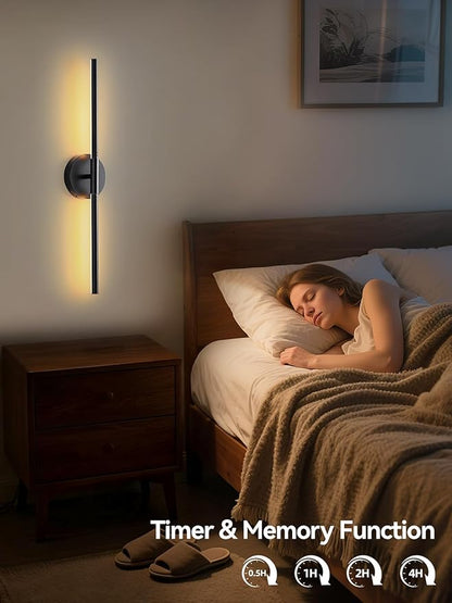 Battery Operated Wall Sconces Set of 2, Modern Wireless Wall Lights with Remote & Touch Control, 24 Inch Black Dimmable Rechargeable LED Sconce with 3 Colors & Timer for Bedroom, Living Room, Hallway