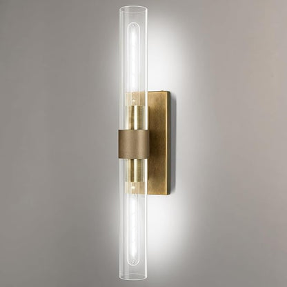 22.8" Knurled Brass Wall Sconces, 2-Light Dimmable Modern Lamp Lighting, Bronze Wall Lighting with Glass, Gold Vanity Light Fixtures Tube Sconce for Bedroom, Living Room, Hallway, Mirror, Kitchen