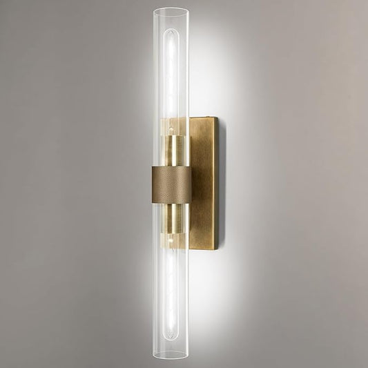 22.8" Knurled Brass Wall Sconces, 2-Light Dimmable Modern Lamp Lighting, Bronze Wall Lighting with Glass, Gold Vanity Light Fixtures Tube Sconce for Bedroom, Living Room, Hallway, Mirror, Kitchen