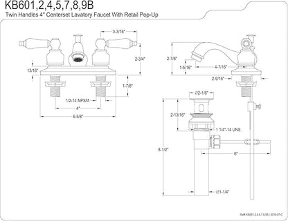 Kingston Brass KB605B Victorian Centerset Lavatory Faucet Retail Pop-Up, 4", Oil Rubbed Bronze