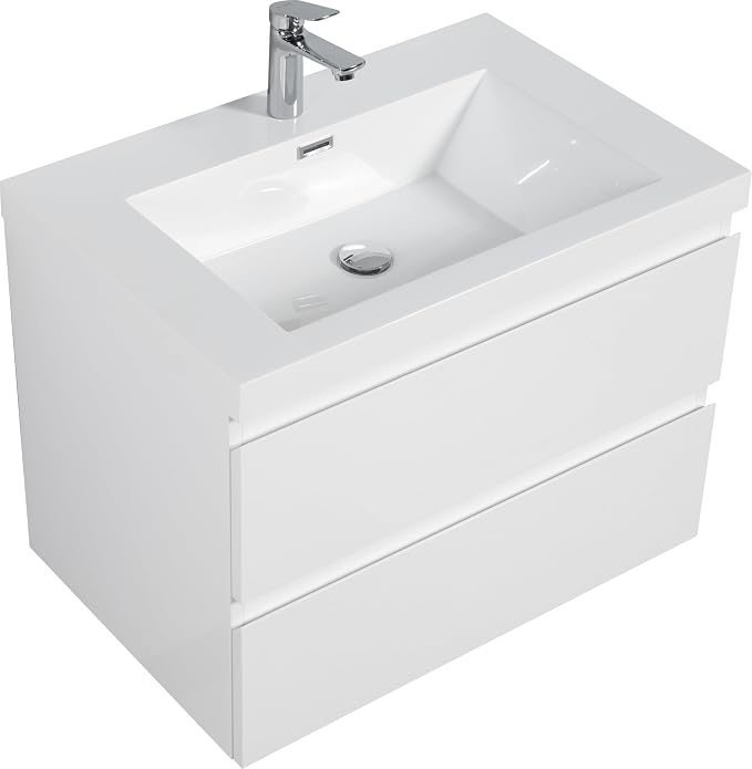 30 Inch Floating Bathroom Vanity with Sink, Large Storage Wall Mounted Floating Vanity with Soft Close Drawers, One-Piece Basin Bathroom Sink Cabinet (Glossy White, 30")