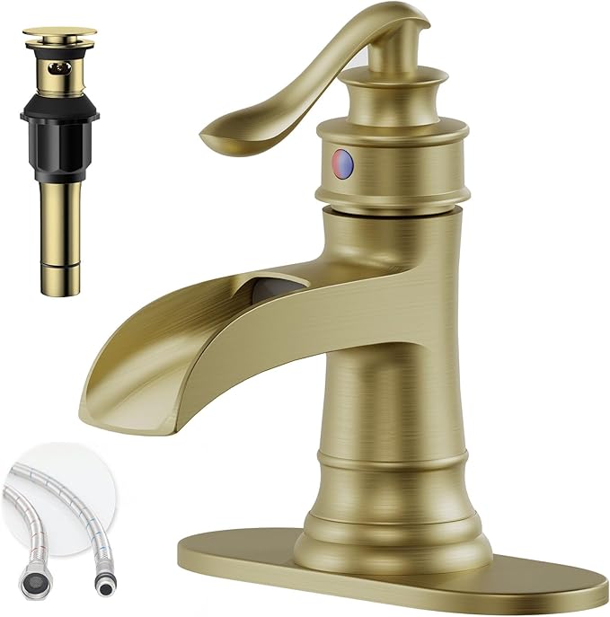 Brushed Gold Waterfall Bathroom Faucet Single Handle Bathroom Sink Faucet | 1 Hole or 3 Hole Sink Brass Waterfall Faucet for Vintage Antique Lavatory Washroom with Pop Up Drain Deck Plate by BATHLAVISH