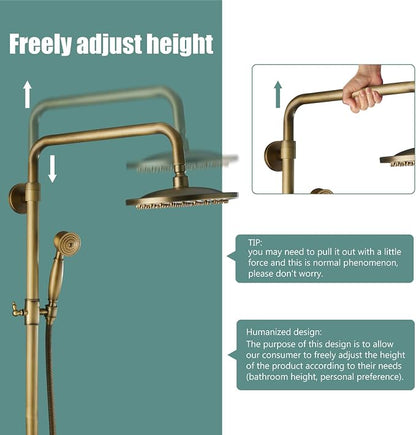 Heyalan Antique Brass Exposed Pipe Shower System 8 Inch Rainfall Shower Head Fixture Combo Set Single Handle with Handheld Sprayer Bathroom Shower Faucet Adjustable Showerhead Bar with Shower Shelf