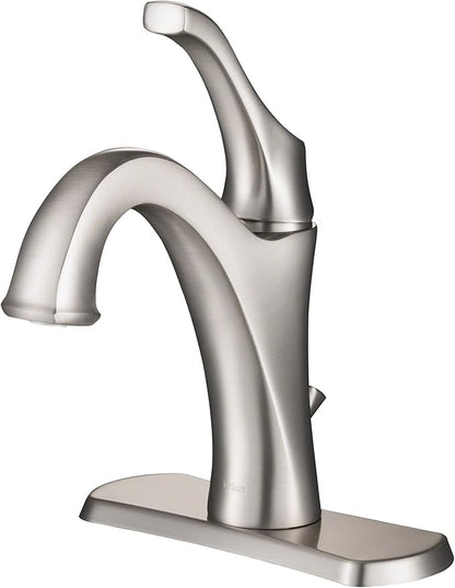 KRAUS KBF-1201SFS Arlo Single Handle Basin Bathroom Faucet with Lift Rod Drain and Deck Plate, Spot-Free All-Brite Stainless Steel