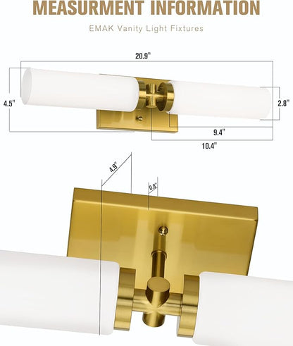 Emak 21 Inch Brushed Gold Bathroom Light Fixtures, 2-Light Vanity Lights with Milk Glass Shade, Modern Wall Sconce for Bathroom, Mirror, VL086-BGD-ML-2