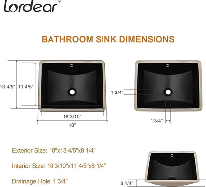 Lordear Undermount Bathroom Sink 18x14 Inch Black Rectangle Porcelain Ceramic Bathroom Sinks Deep Basin with Overflow Lavatory Vanity Sink Mounted Under