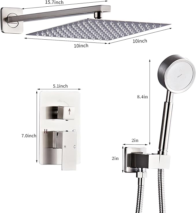 Brushed Nickel Rainfall Shower Head, Wall Mounted 8 Inch Shower Heads with Handheld Spray Combo, Luxury Bathroom Square Rain Shower System, Solid Brass Pressure Balancd Shower Faucet Valve