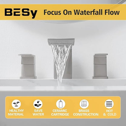 BESy Waterfall Bathroom Faucets 3 Hole Square 8 Inch Widespread Bathroom Sink Faucet Vanity 2 Handle Widespread for Restroom Sink with Pop Up Drain cUPC Supply Hose Brushed Nickel