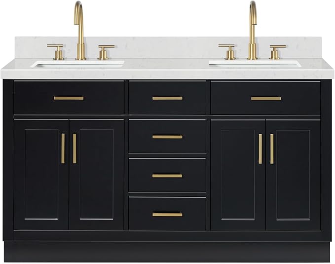ARIEL Hepburn 60-inch Bathroom Vanity with Sink,Solid Wood, 1.5-inch Carrara White Quartz Countertop & Backsplash, Double Rectangular Porcelain Sink, 4 Soft Closing Doors, 6 Dovetail Drawers, Black