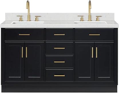 ARIEL Hepburn 60-inch Bathroom Vanity with Sink,Solid Wood, 1.5-inch Carrara White Quartz Countertop & Backsplash, Double Rectangular Porcelain Sink, 4 Soft Closing Doors, 6 Dovetail Drawers, Black