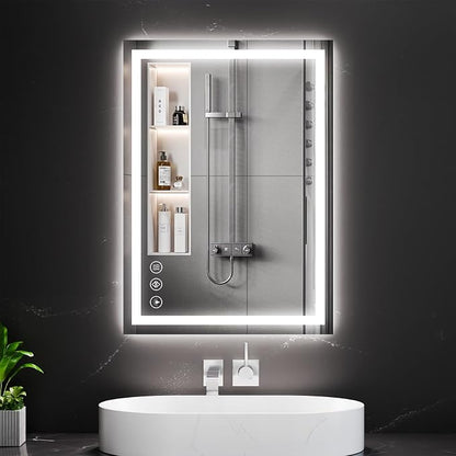 Koonmi 28x20 LED Bathroom Mirror with Light, Anti-Fog, 3 Colors | Backlit + Front Lit, Dimmable Brightness, Shatterproof HD Distortion-Free Tempered Glass, Hardware Included