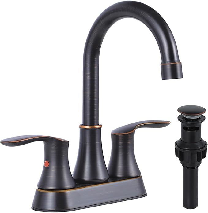 Friho Centerset Lead-Free Modern Commercial 2-Handle Oil Rubbed Bronze Bathroom Faucet, 3 Hole 4 inch RV Bath Vanity Faucets with Drain Stopper and Water Hoses