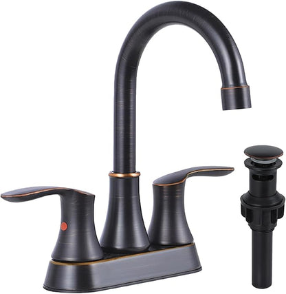Friho Centerset Lead-Free Modern Commercial 2-Handle Oil Rubbed Bronze Bathroom Faucet, 3 Hole 4 inch RV Bath Vanity Faucets with Drain Stopper and Water Hoses