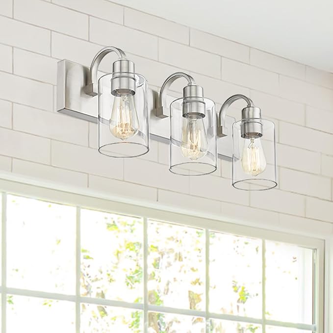 Emliviar 3-Light Vanity Light Fixture - Modern Bathroom Light Fixtures Over Mirror, Brushed Nickel Finish with Clear Glass, YCE237B-3W BN