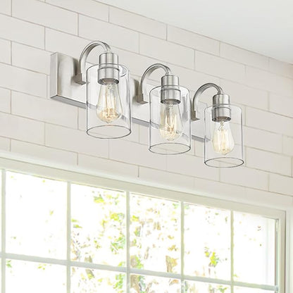 Emliviar 3-Light Vanity Light Fixture - Modern Bathroom Light Fixtures Over Mirror, Brushed Nickel Finish with Clear Glass, YCE237B-3W BN