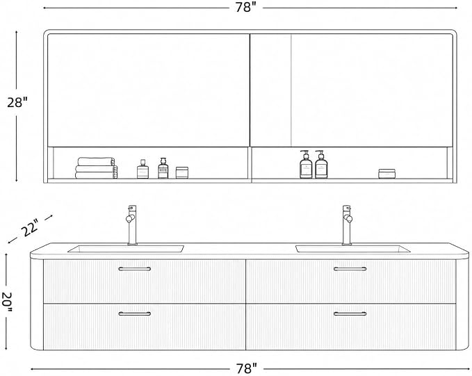 78 in Double Bathroom Vanity with Sinks - Modern Floating Bathroom Vanity with Solid Wood Cabinet, Anti-Fog Mirror and Integrated Stone Sinks | Wall Mounted Design | Ample Storage