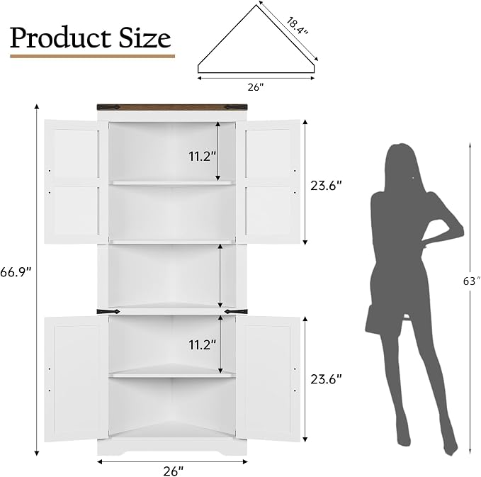 GAOMON Farmhouse Corner Cabinet, Tall Corner Storage with Glass Door & Adjustable Shelves, Bathroom Cabinet with Storage for Living Room, Kitchen, Bathroom, White