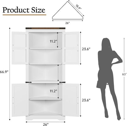 GAOMON Farmhouse Corner Cabinet, Tall Corner Storage with Glass Door & Adjustable Shelves, Bathroom Cabinet with Storage for Living Room, Kitchen, Bathroom, White