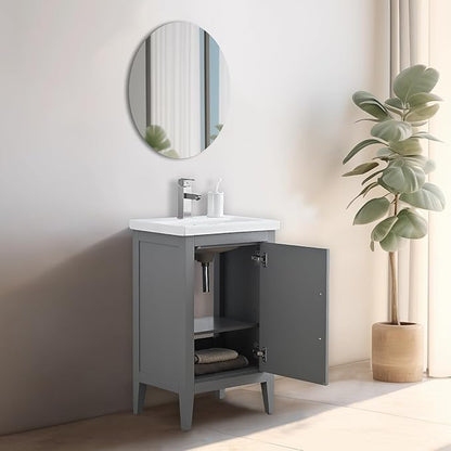 Vanity Art 20 inch Bathroom Vanity with Single Sink & Ceramic Top, Vanity Cabinet with Soft-Closing Doors, Solid Wood Frame, Cashmere Gray, VA9020-G-BN1