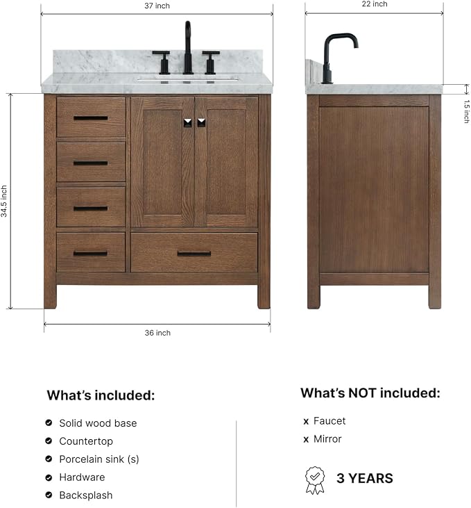 ARIEL Cambridge 36-inch Bathroom Vanity with Sink,Solid Wood, 1.5-inch Italian Carrara Marble Countertop, Single Rectangular Porcelain Sink, 2 Soft Closing Doors, 5 Dovetail Drawers, Brown Oak