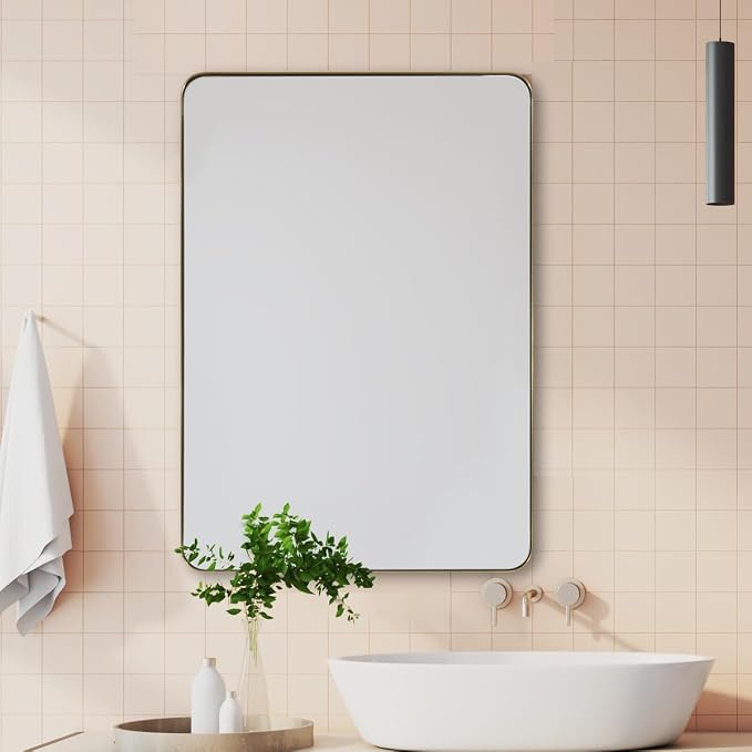 Wall Mirror for Bathroom with Stainless Steel Metal Frame, 30"x40"Rectangle Rounded Corner Frame, Brushed Gold Finish