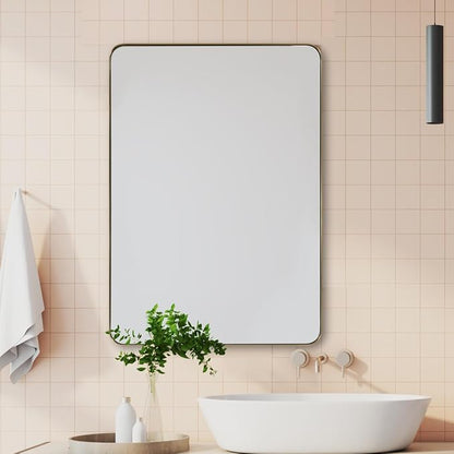Wall Mirror for Bathroom with Stainless Steel Metal Frame, 30"x40"Rectangle Rounded Corner Frame, Brushed Gold Finish