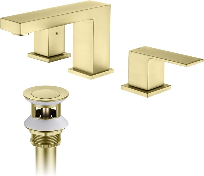 2-Handle Cube Bathroom Sink Faucet with Drain Assembly | 3-Hole Installation, Solid Brass Construction | 8-Inch Wide Spread Lavatory Faucet | Brushed Gold Finish, KBF1024